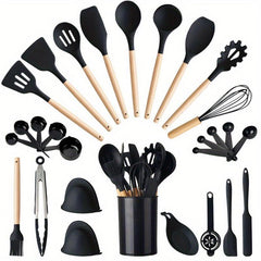 28pcs Silicone Utensil Set with Wooden Handle for Cooking Kitchen