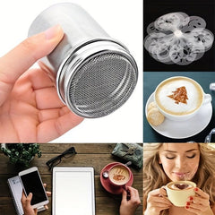 Powdered Sugar Shaker Cocoa Powder Mesh Shaker with 16 Coffee Stencils