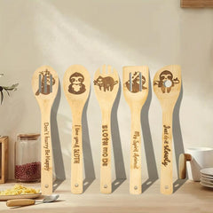 5pcs Sloth Wooden Cooking Spoons Set Bamboo Cookware Utensils Carved Gadget Kit