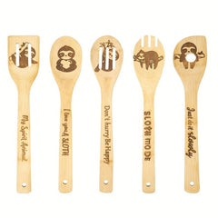 5pcs Sloth Wooden Cooking Spoons Set Bamboo Cookware Utensils Carved Gadget Kit