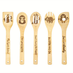 5pcs Sloth Wooden Cooking Spoons Set Bamboo Cookware Utensils Carved Gadget Kit