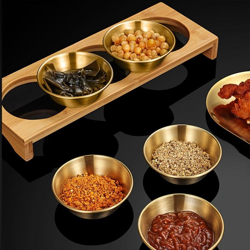Golden Sauce Dish Set with Wooden Tray for Buffet & Hot Pot