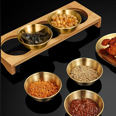 Golden Sauce Dish Set with Wooden Tray for Buffet & Hot Pot