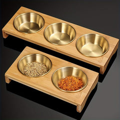 Golden Sauce Dish Set with Wooden Tray for Buffet & Hot Pot