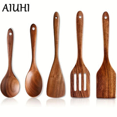 5pcs Wooden Spoons Set Kitchen Utensils Non Stick Spoon Cooking Spatula Turner