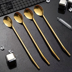 4Pcs Stainless Steel Straw Spoon Set Silvery Golden Ice Spoon