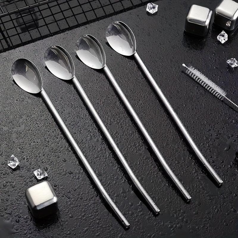 4Pcs Stainless Steel Straw Spoon Set Silvery Golden Ice Spoon