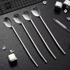 4Pcs Stainless Steel Straw Spoon Set Silvery Golden Ice Spoon