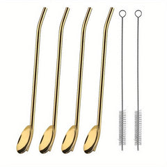 4Pcs Stainless Steel Straw Spoon Set Silvery Golden Ice Spoon