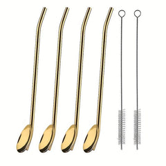 4Pcs Stainless Steel Straw Spoon Set Silvery Golden Ice Spoon