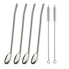 4Pcs Stainless Steel Straw Spoon Set Silvery Golden Ice Spoon
