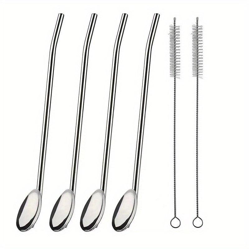 4Pcs Stainless Steel Straw Spoon Set Silvery Golden Ice Spoon
