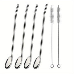 4Pcs Stainless Steel Straw Spoon Set Silvery Golden Ice Spoon