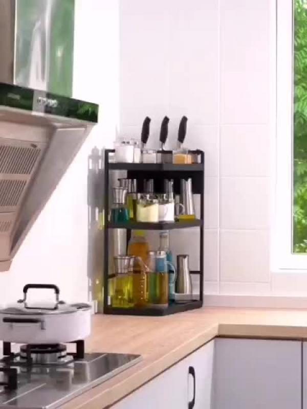 2 Tier Corner Spice Rack Organizer with Hooks - Kitchen & Bathroom Storage