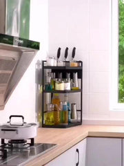 2 Tier Corner Spice Rack Organizer with Hooks - Kitchen & Bathroom Storage