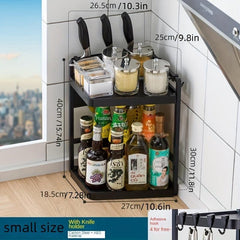 2 Tier Corner Spice Rack Organizer with Hooks - Kitchen & Bathroom Storage