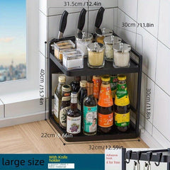 2 Tier Corner Spice Rack Organizer with Hooks - Kitchen & Bathroom Storage