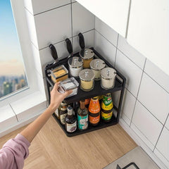 2 Tier Corner Spice Rack Organizer with Hooks - Kitchen & Bathroom Storage