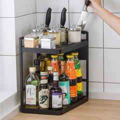 2 Tier Corner Spice Rack Organizer with Hooks - Kitchen & Bathroom Storage