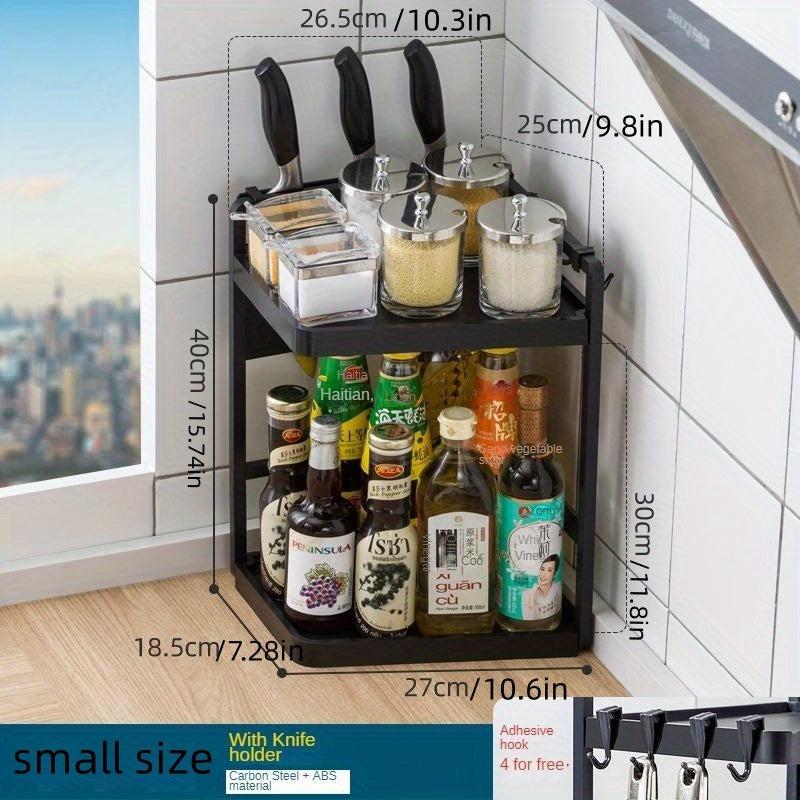 2 Tier Corner Spice Rack Organizer with Hooks - Kitchen & Bathroom Storage