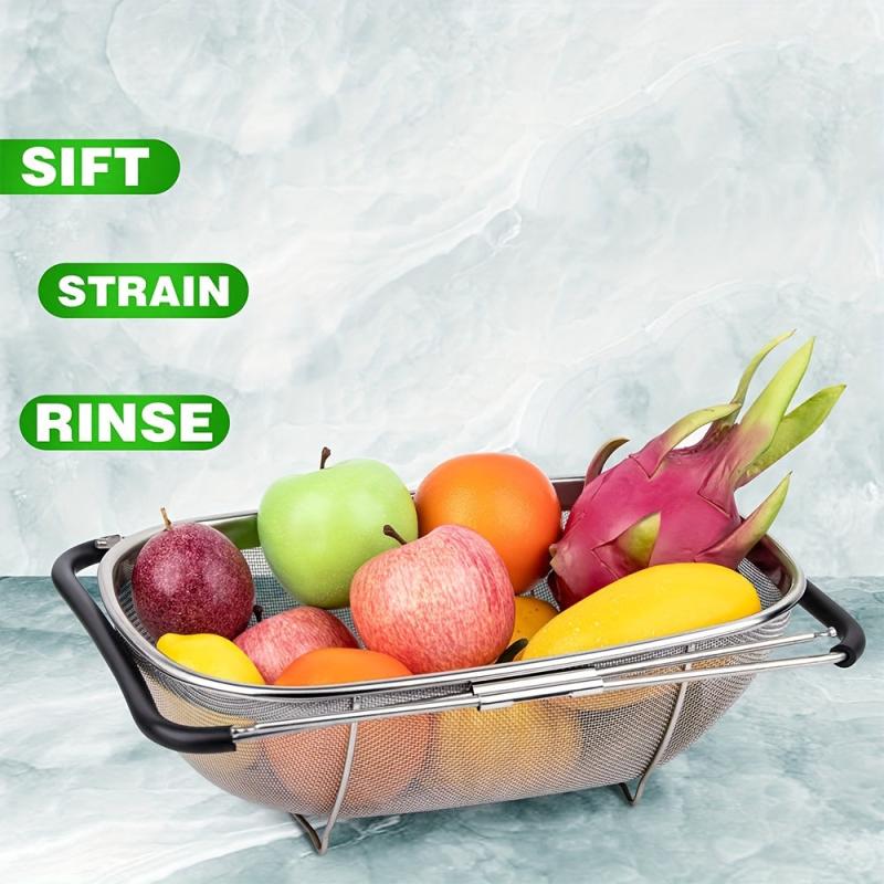 Stainless Steel Oval Colander Telescopic Strainer Basket Rubber Handle