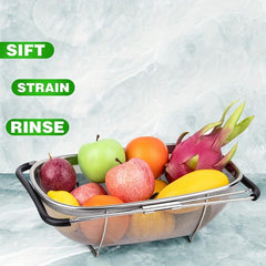 Stainless Steel Oval Colander Telescopic Strainer Basket Rubber Handle