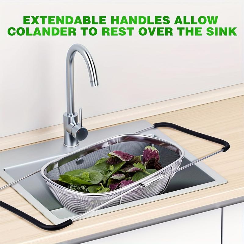 Stainless Steel Oval Colander Telescopic Strainer Basket Rubber Handle