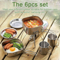 6pcs Stainless Steel Camping Cookware Set Portable and Durable Tableware