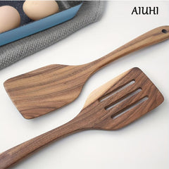 2 Pack Wooden Spatula Set Long Handle Cooking Wood Turner Slotted Spatula