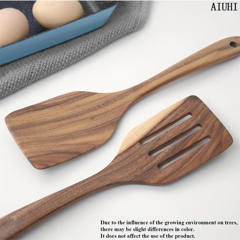 2 Pack Wooden Spatula Set Long Handle Cooking Wood Turner Slotted Spatula