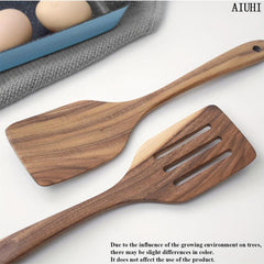 2 Pack Wooden Spatula Set Long Handle Cooking Wood Turner Slotted Spatula