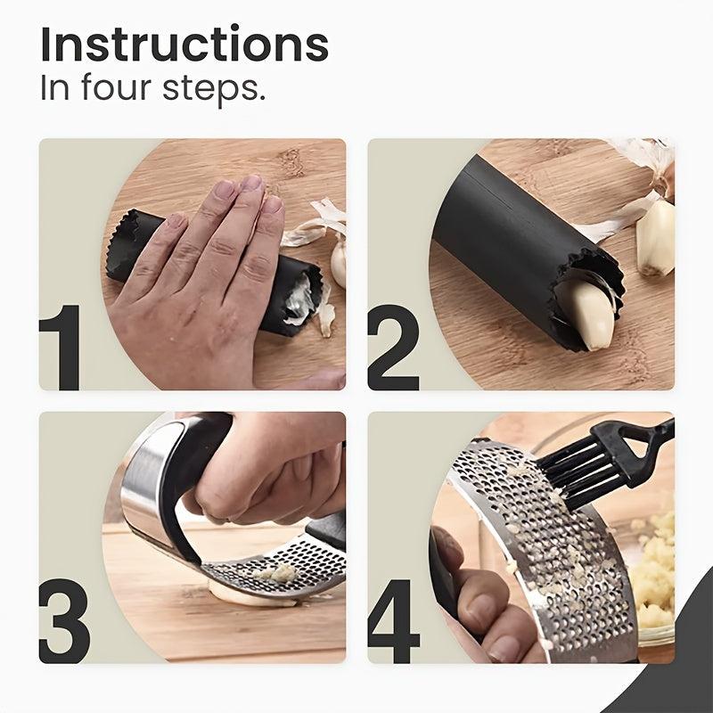 Stainless Steel Garlic Press Rocker with Peeler & Brush