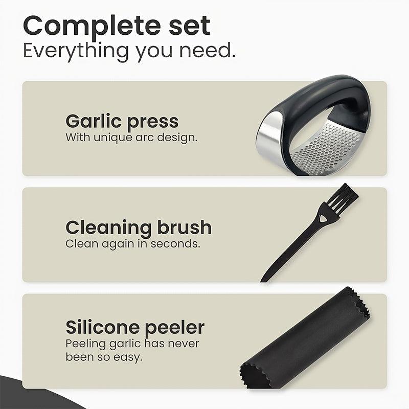 Stainless Steel Garlic Press Rocker with Peeler & Brush
