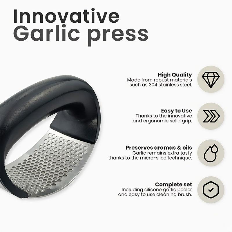 Stainless Steel Garlic Press Rocker with Peeler & Brush