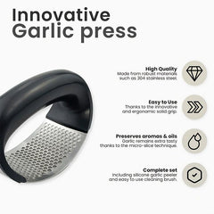 Stainless Steel Garlic Press Rocker with Peeler & Brush