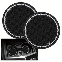 2pcs Rhinestone Car Cup Coasters, Crystal Drink Mat, Anti Slip Silicone Holder