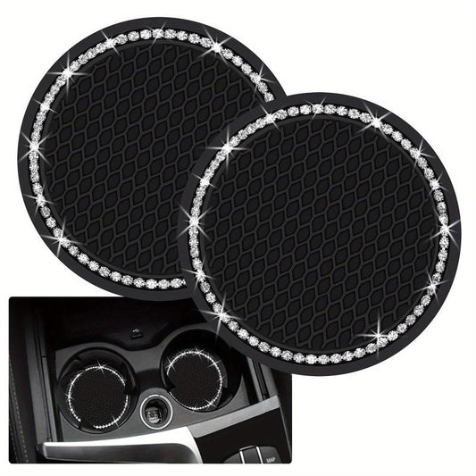2pcs Rhinestone Car Cup Coasters, Crystal Drink Mat, Anti Slip Silicone Holder