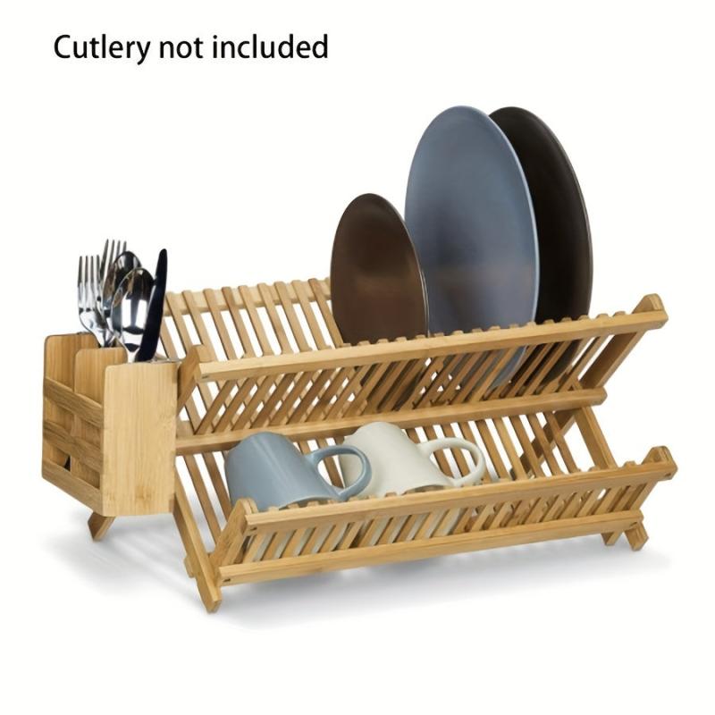 3 Tier Bamboo Dish Drying Rack w/ Utensil Holder, Large Folding Drying Stand
