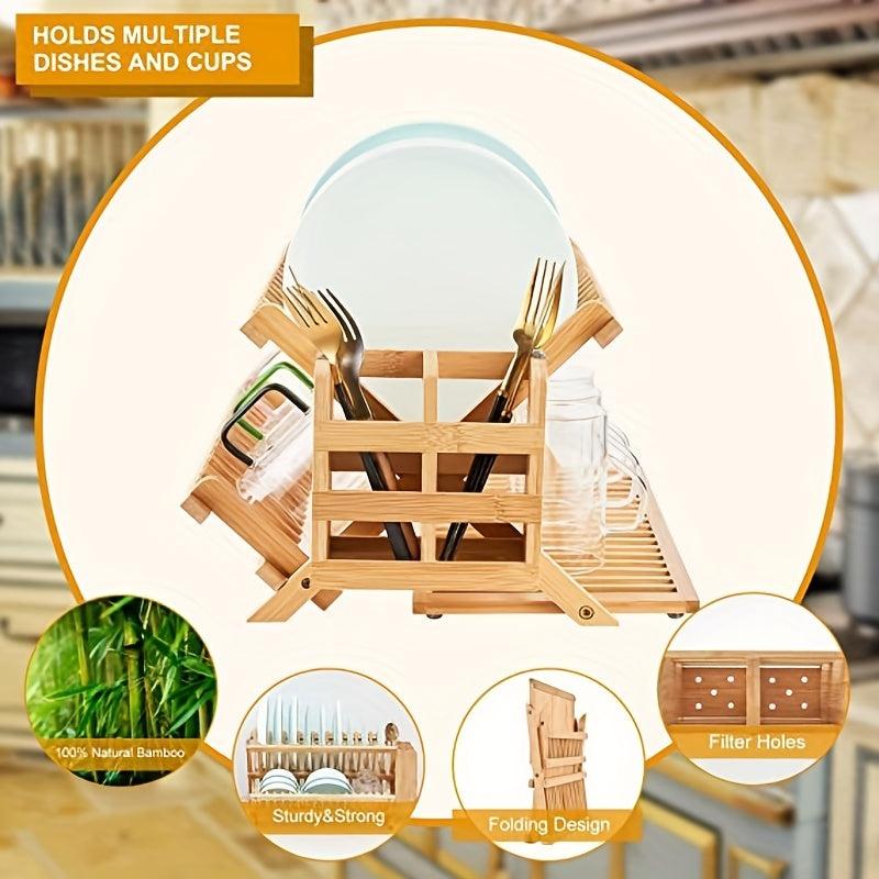 3 Tier Bamboo Dish Drying Rack w/ Utensil Holder, Large Folding Drying Stand