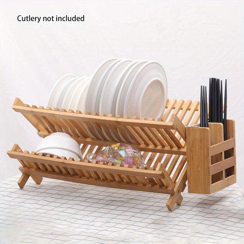 3 Tier Bamboo Dish Drying Rack w/ Utensil Holder, Large Folding Drying Stand