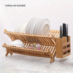 3 Tier Bamboo Dish Drying Rack w/ Utensil Holder, Large Folding Drying Stand