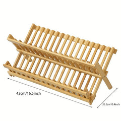 3 Tier Bamboo Dish Drying Rack w/ Utensil Holder, Large Folding Drying Stand