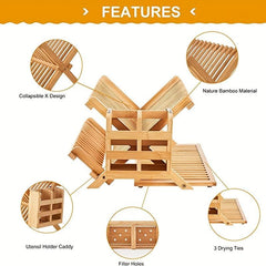 3 Tier Bamboo Dish Drying Rack w/ Utensil Holder, Large Folding Drying Stand