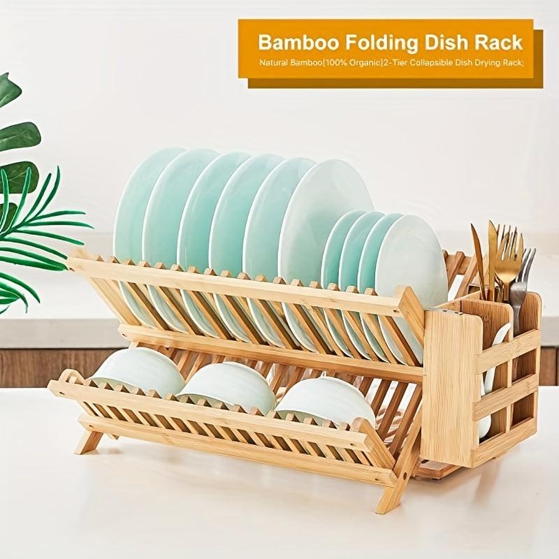 3 Tier Bamboo Dish Drying Rack w/ Utensil Holder, Large Folding Drying Stand