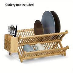 3 Tier Bamboo Dish Drying Rack w/ Utensil Holder, Large Folding Drying Stand