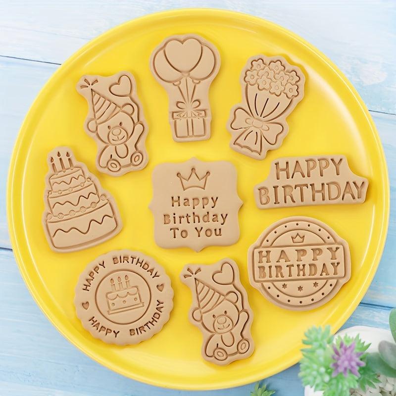 8pcs Birthday Cookie Cutters Embosser Pastry Biscuit Molds Kitchen Tools