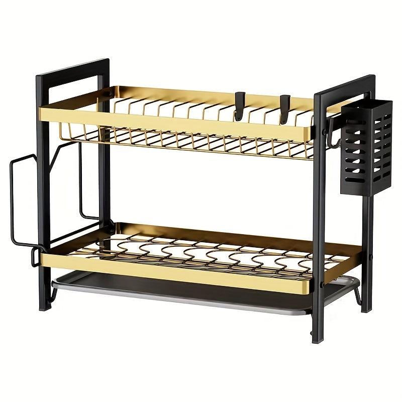 2 Tier Dish Drying Rack With Drain Board Hooks Cutting Board Holder