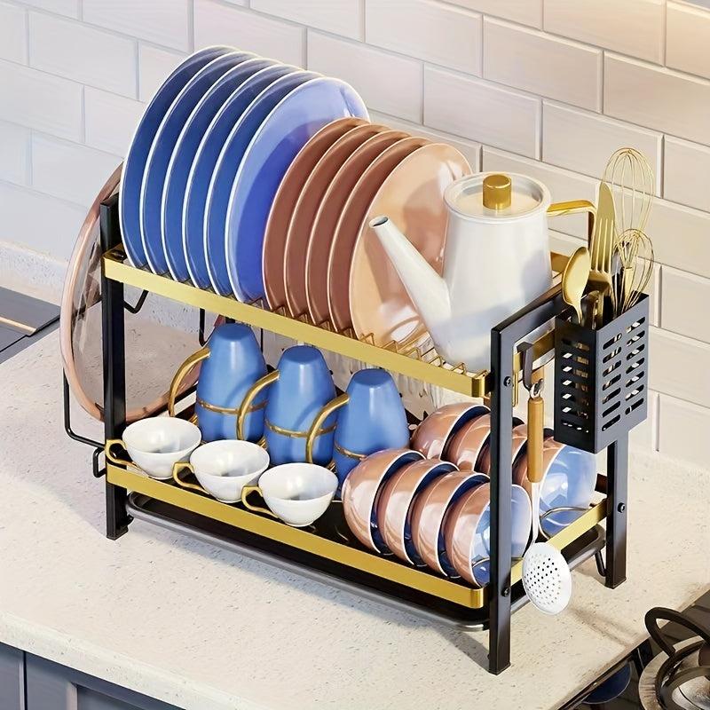 2 Tier Dish Drying Rack With Drain Board Hooks Cutting Board Holder