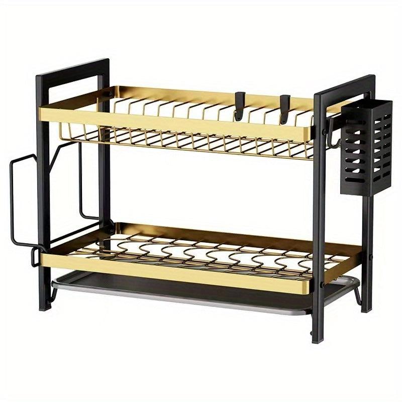2 Tier Dish Drying Rack With Drain Board Hooks Cutting Board Holder
