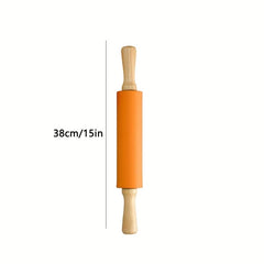 Silicone Rolling Pin Non Stick with Wooden Handle for Dough and Baking